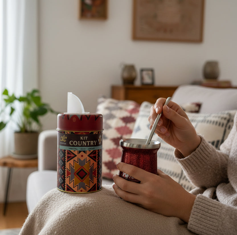 Pack Matero Country con Mate Rojo Térmico de Acero Inox 304 + Yerbero + bombilla - Emporio Pewmayen