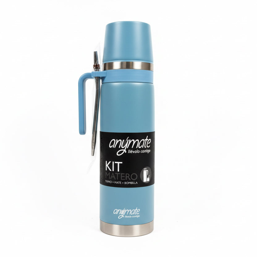 Kit Matero Celeste Anymate 1 Litro de Acero Inoxidable – Termo + Mate Térmico 160 ml + Bombilla | Set Completo para Mate
