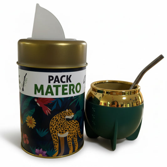 Pack Matero Completo Selva con Yerbero Dispensador + Mate Doble Pared + Bombilla Acero Inoxidable