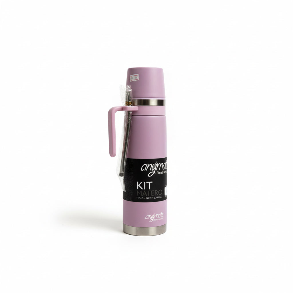 Kit Matero Rosado Anymate 1 Litro de Acero Inoxidable – Termo + Mate Térmico 160 ml + Bombilla | Set Completo para Mate