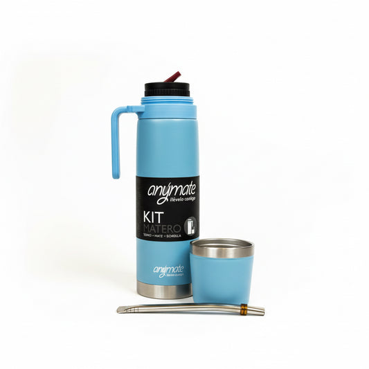 Kit Matero Celeste Anymate 1 Litro de Acero Inoxidable – Termo + Mate Térmico 160 ml + Bombilla | Set Completo para Mate - Emporio Pewmayen