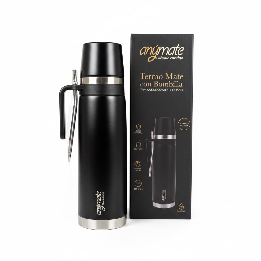 Termo Mate Anymate Negro 850 ml con Mate Integrado y Bombilla Plana - Emporio Pewmayen