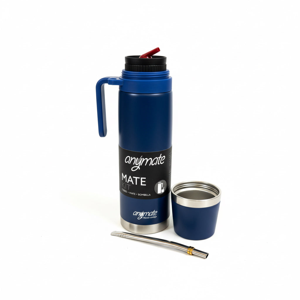 Kit Matero Azul Anymate 1 Litro de Acero Inoxidable – Termo + Mate Térmico 160 ml + Bombilla | Set Completo para Mate
