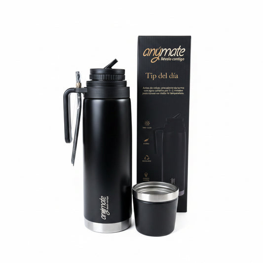 Termo Mate Anymate Negro 850 ml con Mate Integrado y Bombilla Plana - Emporio Pewmayen