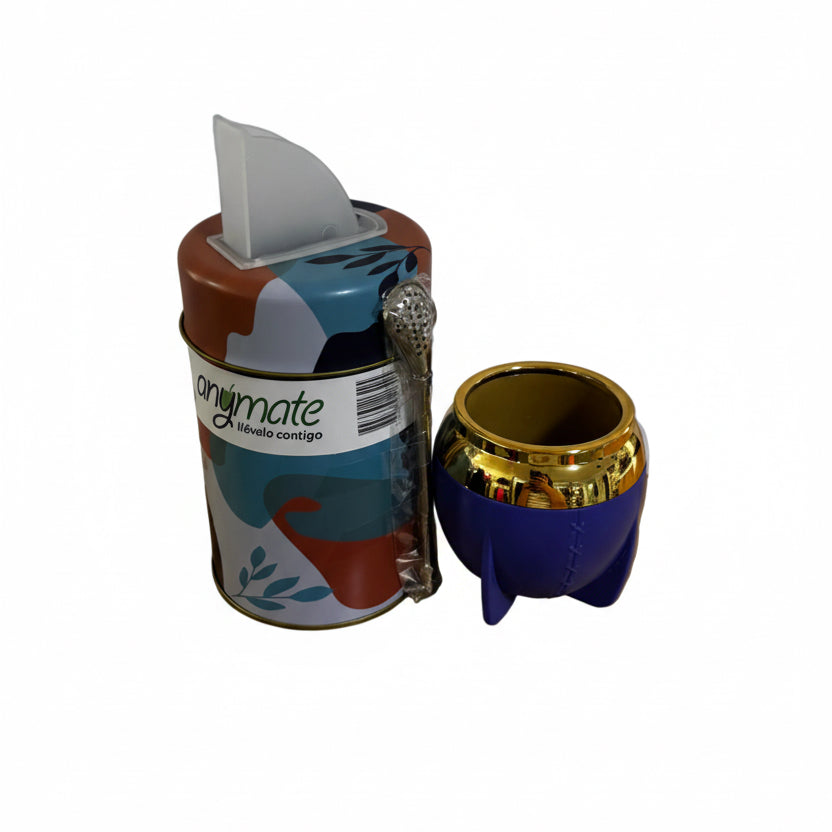 Pack Matero Completo Azul 160 ml con Yerbero 400 g y Bombilla Acero Inoxidable