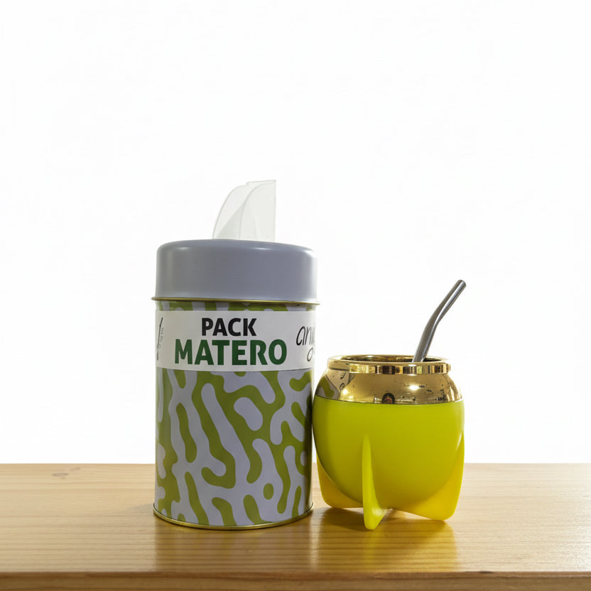 Pack Matero Completo Amarillo 160 ml con Yerbero 400 g y Bombilla Acero Inoxidable