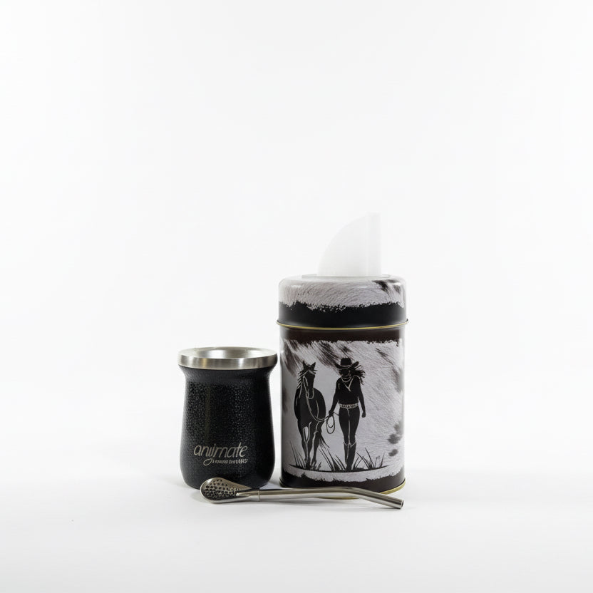 Pack Matero Country con Mate Negro Térmico de Acero Inoxidable 304 + Yerbero + bombilla - Emporio Pewmayen