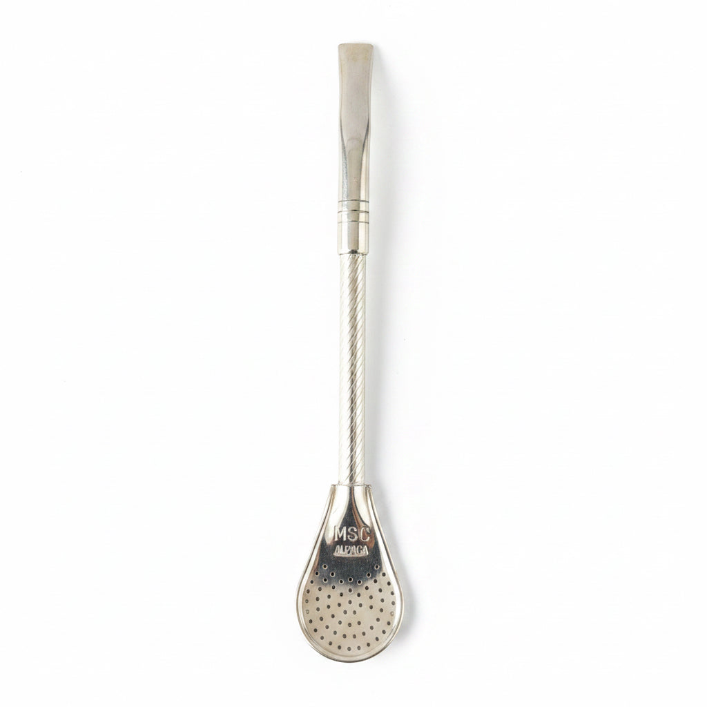 Bombilla Pico de Loro Artesanal 100% Alpaca Uruguaya 19 cm – Caño Cincelado y Filtro Cuchara - Emporio Pewmayen