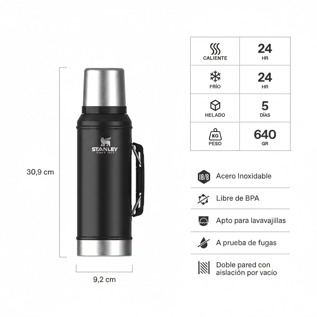 Termo Stanley Classic Legendary 1 Litro Negro | Acero Inoxidable para Mate