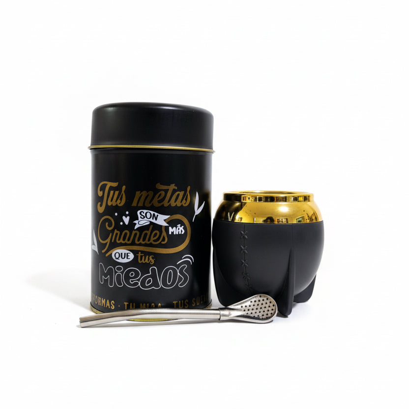 Pack Matero Completo Negro 160 ml con Yerbero 400 g y Bombilla Acero Inoxidable