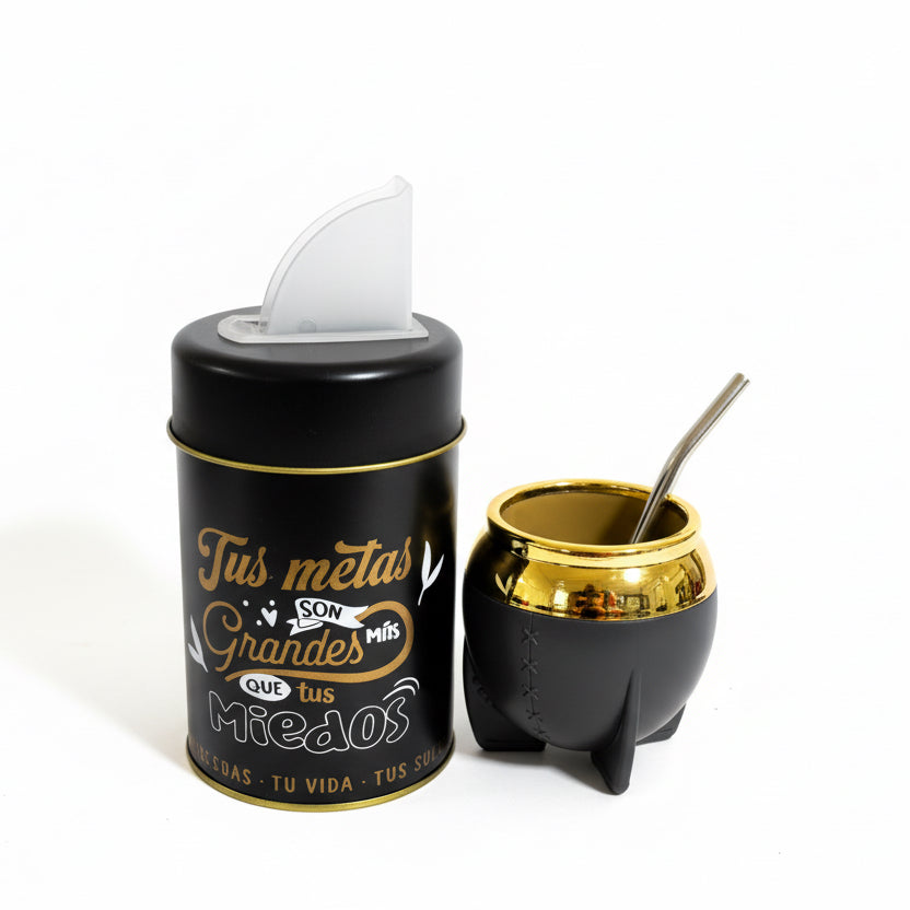 Pack Matero Completo Negro 160 ml con Yerbero 400 g y Bombilla Acero Inoxidable