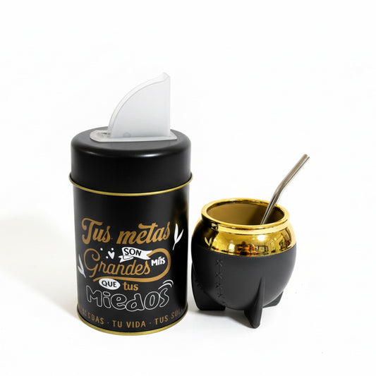 Pack Matero Completo Negro 160 ml con Yerbero 400 g y Bombilla Acero Inoxidable
