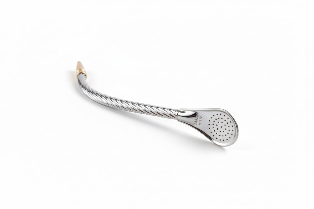 Bombilla Pico de Loro Alpaca Brasileña 19 cm – Filtro Cuchara y Boquilla Dorada - Emporio Pewmayen