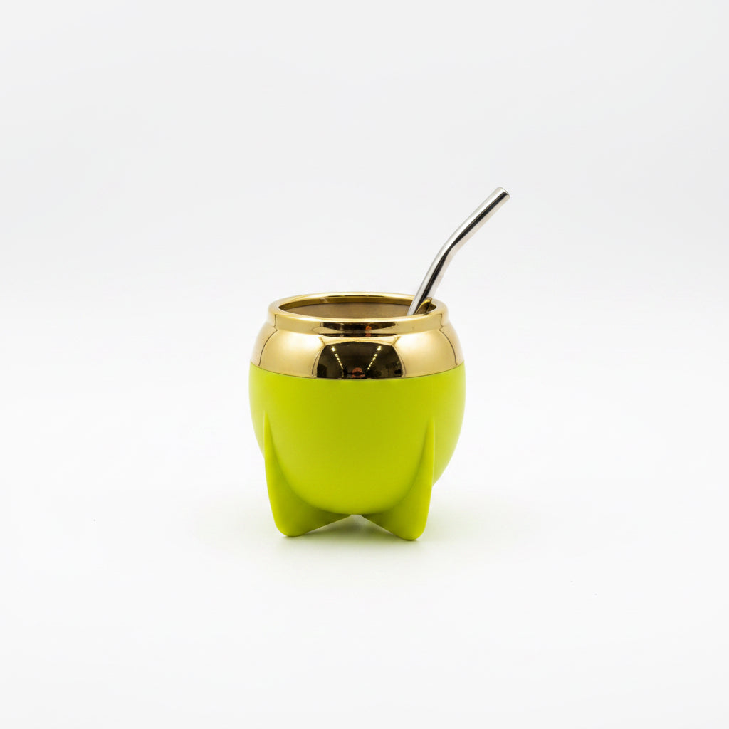 Mate Lindo Amarillo de 160 ml con bombilla de acero inoxidable y diseño moderno de doble pared.
