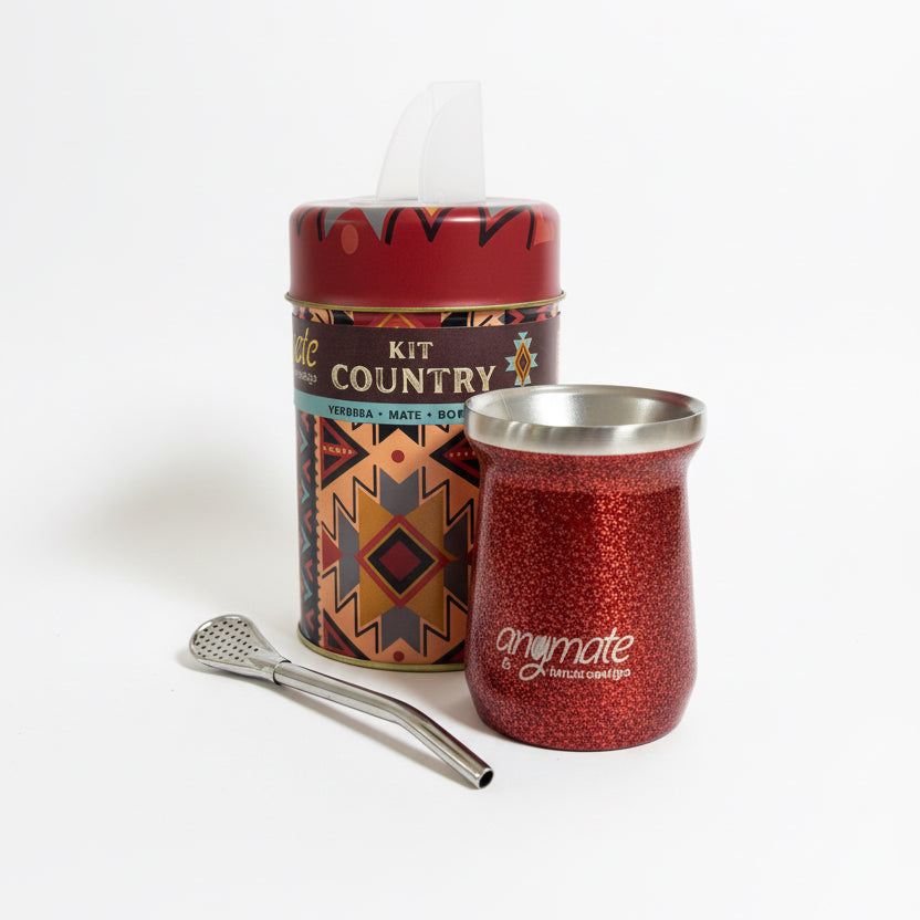 Pack Matero Country con Mate Rojo Térmico de Acero Inox 304 + Yerbero + bombilla - Emporio Pewmayen