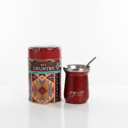 Pack Matero Country con Mate Rojo Térmico de Acero Inox 304 + Yerbero + bombilla - Emporio Pewmayen