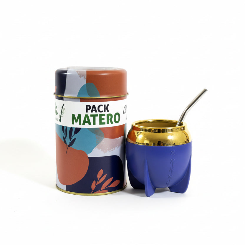 Pack Matero Completo Azul 160 ml con Yerbero 400 g y Bombilla Acero Inoxidable