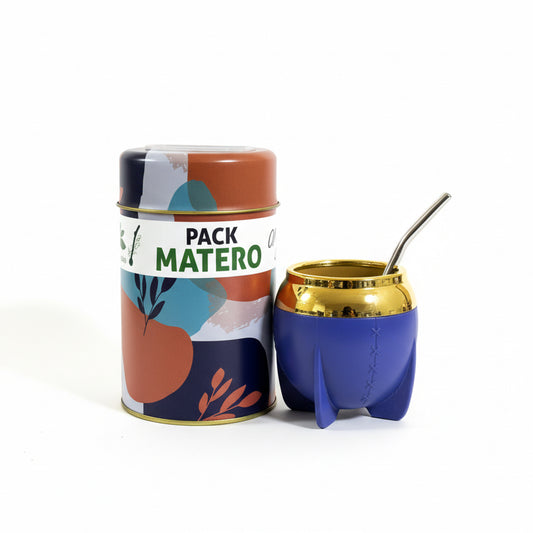 Pack Matero Completo Azul 160 ml con Yerbero 400 g y Bombilla Acero Inoxidable