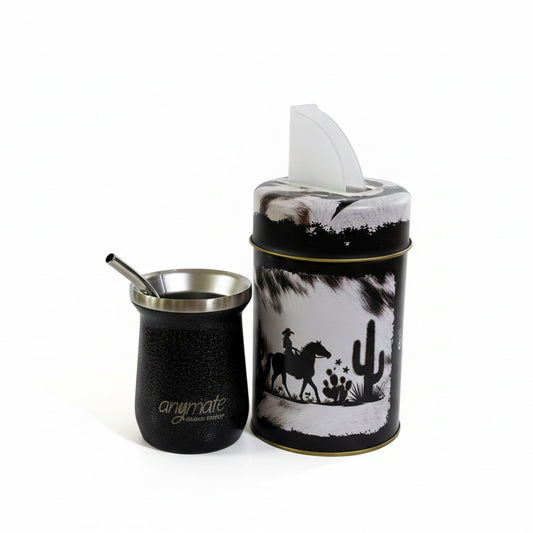 Pack Matero Country con Mate Negro Térmico de Acero Inoxidable 304 + Yerbero + bombilla - Emporio Pewmayen