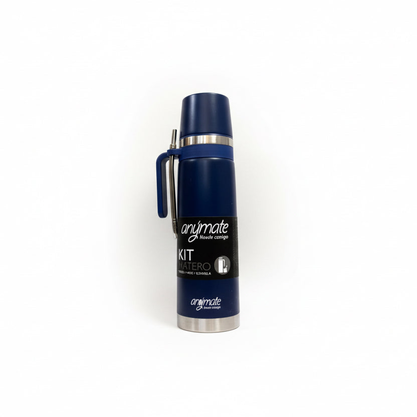 Kit Matero Azul Anymate 1 Litro de Acero Inoxidable – Termo + Mate Térmico 160 ml + Bombilla | Set Completo para Mate
