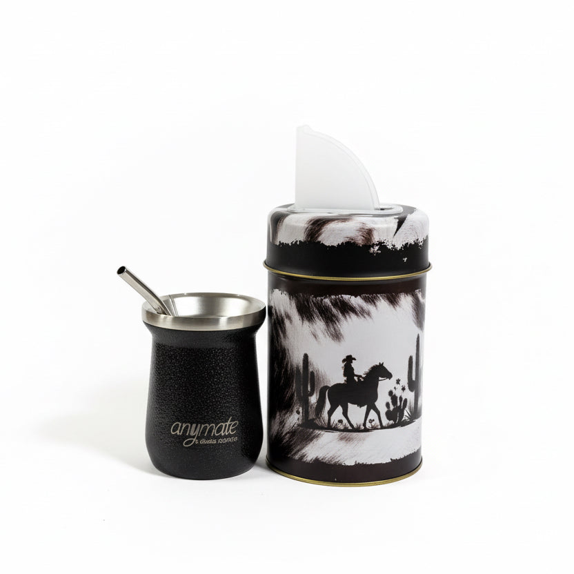 Pack Matero Country con Mate Negro Térmico de Acero Inoxidable 304 + Yerbero + bombilla - Emporio Pewmayen