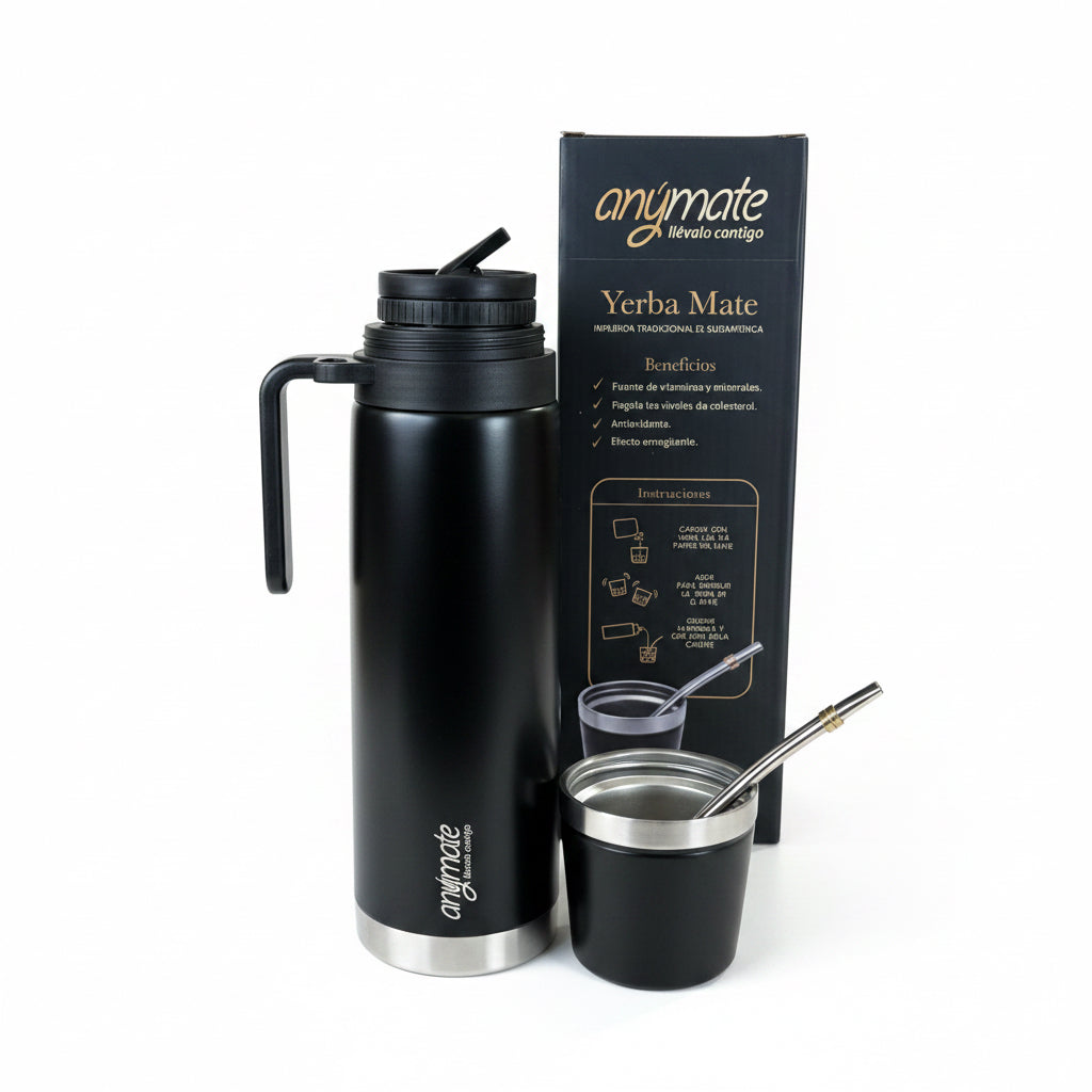 Termo Mate Anymate Negro 850 ml con Mate Integrado y Bombilla Plana - Emporio Pewmayen