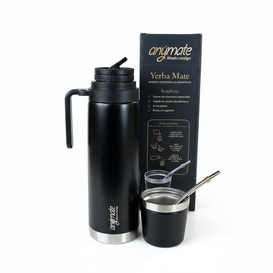 Termo Mate Anymate Negro 850 ml con Mate Integrado y Bombilla Plana - Emporio Pewmayen