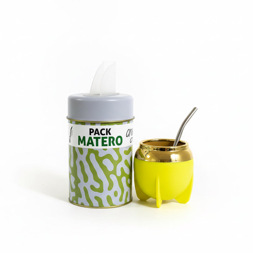 Pack Matero Completo Amarillo 160 ml con Yerbero 400 g y Bombilla Acero Inoxidable