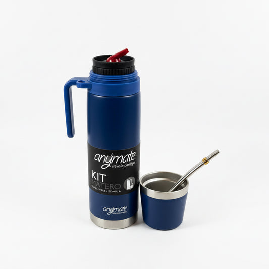Kit Matero Azul Anymate 1 Litro de Acero Inoxidable – Termo + Mate Térmico 160 ml + Bombilla | Set Completo para Mate