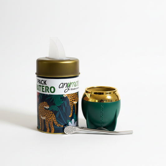 Pack Matero Completo Selva con Yerbero Dispensador + Mate Doble Pared + Bombilla Acero Inoxidable