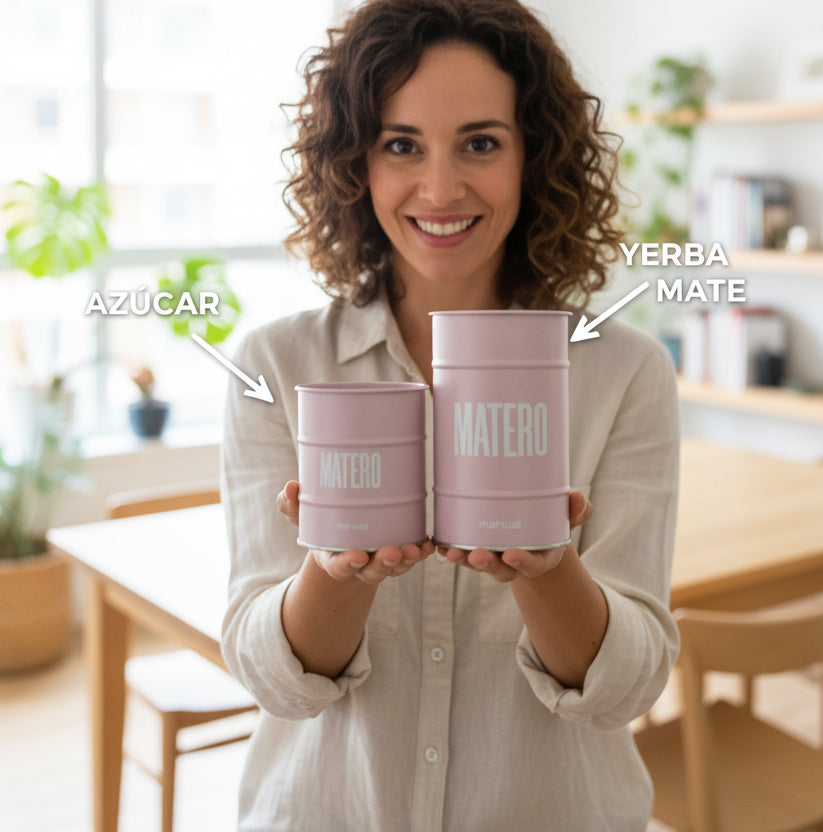 Set Matero Metálico Rosa Mate – Yerbero + Azucarero con Dosificador - Emporio Pewmayen