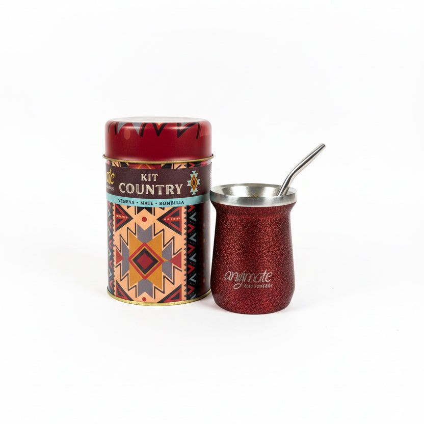 Pack Matero Country con Mate Rojo Térmico de Acero Inox 304 + Yerbero + bombilla - Emporio Pewmayen