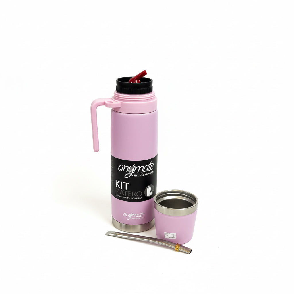 Kit Matero Rosado Anymate 1 Litro de Acero Inoxidable – Termo + Mate Térmico 160 ml + Bombilla | Set Completo para Mate