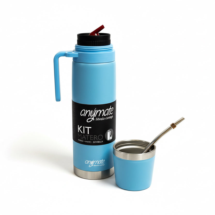 Kit Matero Celeste Anymate 1 Litro de Acero Inoxidable – Termo + Mate Térmico 160 ml + Bombilla | Set Completo para Mate