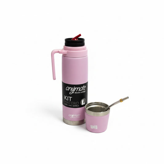 Kit Matero Rosado Anymate 1 Litro de Acero Inoxidable – Termo + Mate Térmico 160 ml + Bombilla | Set Completo para Mate