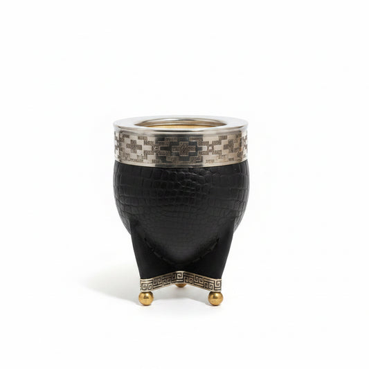 Mate Imperial Uruguayo de Calabaza Premium Cuero Repujado Negro con Virola de Acero y Alpaca - Emporio Pewmayen