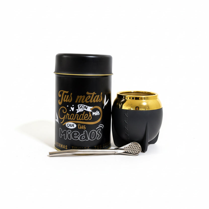 Pack Matero Completo Negro 160 ml con Yerbero 400 g y Bombilla Acero Inoxidable