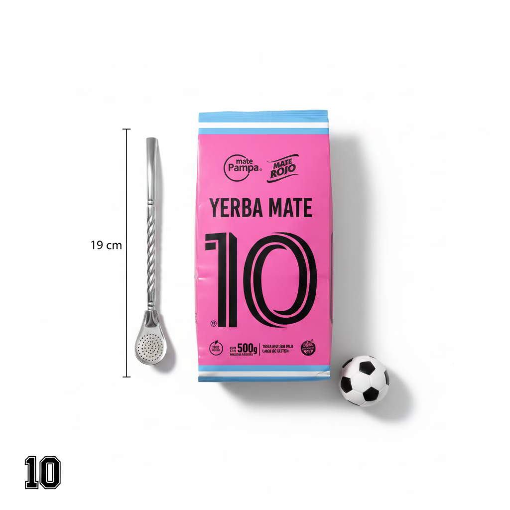 Pack Día del Padre Messi – Yerba Mate 10 Inspirada en Lionel Messi + Bombilla Metálica 19 cm