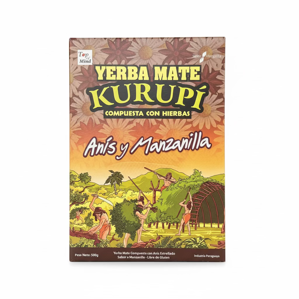 Yerba Mate Kurupí Anís y Manzanilla 500g caja – yerba mate paraguaya suave con hierbas digestivas
